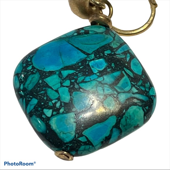 Faux Turquoise Drop Earrings Square Lever Back. - Picture 2 of 13